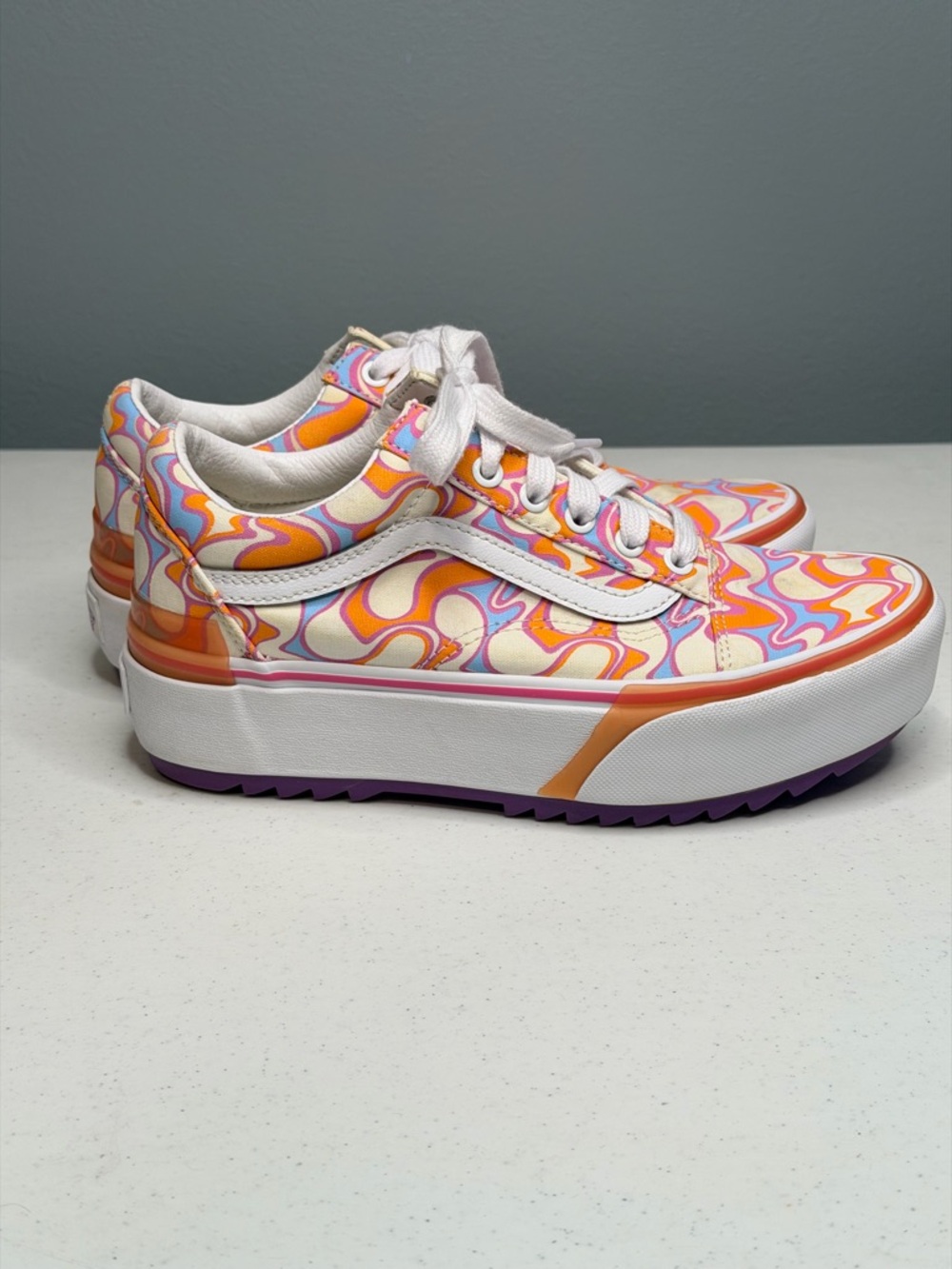 Vans Platform Lace-Up Sneakers in Orange, Pink, Cream Swirl - Picture 5 of 10
